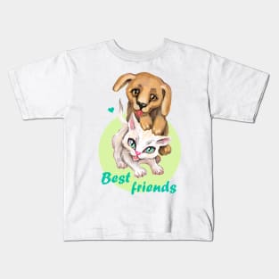 Cute small cat and dog. Sweet little baby pets. Kitten and puppy friends. Kids T-Shirt